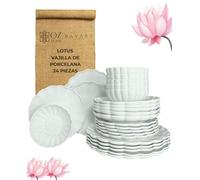 BAVARY Lotus vajilla completa de porcelana 24 piezas para 6 personas - en blanco - platos llanos, hondos, de postre y cuencos - diseño flor de loto - apta para lavavajillas y microondas, apilable