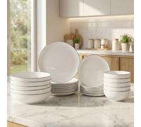 BAVARY Vajilla De Porcelana Blanca 24 Piezas Para 6 Personas - Servicio De Mesa Con Platos Llanos, Hondos, De Postre Y Cuencos - Apilable Y Resistente - Apta Para Microondas Y Lavavajillas