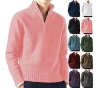 BAWUTZ Jersey de Punto Con Cremallera y Cuello Alto para Hombre, Básico Liso de Invierno, Corte Entallado (M, Rosa)