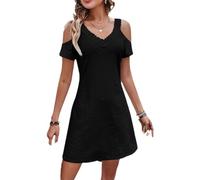 BAWUTZ Vestido de Noche Sexy para Mujer, Cuello en V, Camiseta con Volantes, Vestido de Verano para Mujer, Manga Corta, Cuello en V, Hueco, Hombros Descubiertos, Manga Corta para Fiesta (S,Schwarz)