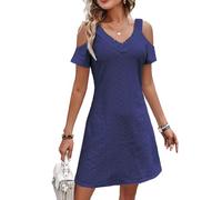 BAWUTZ Vestido de Noche Sexy para Mujer, Cuello en V, Camiseta con Volantes, Vestido de Verano para Mujer, Manga Corta, Cuello en V, Hueco, Hombros Descubiertos, Manga Corta para Fiesta (M,Blau)