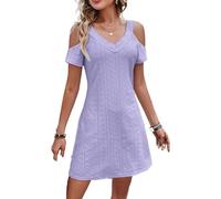 BAWUTZ Vestido de Noche Sexy para Mujer, Cuello en V, Camiseta con Volantes, Vestido de Verano para Mujer, Manga Corta, Cuello en V, Hueco, Hombros Descubiertos, Manga Corta para Fiesta (L,Lila)