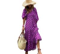BAWUTZ Vestido Largo para Mujer Boho Floral Cuello en V Estilo Bohemio Vacaciones en la Playa Vestidos Largos Estampado Floral Fluido Patrón geométrico Bohemio Vestidos Largos Largos (XL,Lila)