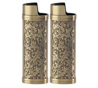 Baxnore Caja de encendedor de aleación de zinc 2pcs, protección floral vintage con carcasa resistente a rasguños, manga de metal deslizante para encendedores estándar (dorado) (plateado) (gris)