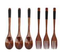 Baxnore Juego de tenedor y cuchara de madera japonesa, utensilios de madera de haya hechos a mano con asas enrolladas en cuerda para un mejor agarre para la cocina casera, restaura