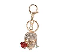 Baxnore Llavero de calavera gótica con diamantes de imitación, flor de rosa, cabeza de muerte, llavero de coche con gancho de llavero de metal, llavero decorativo único y fresco pa (rojo oscuro)