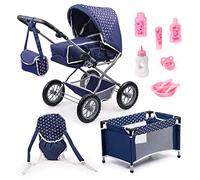 Bayer Design 15051AB Cochecito de Muñecas, Carro Combi Grande, Convertible, Plegable, Cama, Bolsa, Porta para muñecos, Accesorios