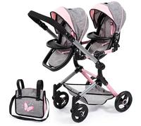 Bayer Design 26233AA Cochecito de muñeca gemelas, Carrito Paseo para muñecos, Ajustable en Altura, Plegable, con Bolsa de Bandolera, Compatible con Silla de Coche EasyGo, Gris, Rosa, Mariposa