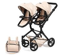 Bayer Design 26275AA Cochecito de muñeca gemelas, Carrito Paseo para muñecos, Ajustable en Altura, Plegable, con Bolsa