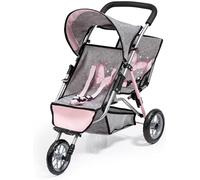 Bayer Design 39133AA Cochecito gemelar para muñecas, Duo, Carrito para muñecos Doble, Plegable, Gris, Rosa