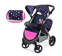 Bayer Design 39416AA Cochecito de muñeca gemelas, Carrito Doble para muñecos, Altura Regulable, Ruedas Delanteras móviles, Bolsa