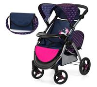 Bayer Design 39454AA Cochecito de muñeca gemelas, Carrito Doble para muñecos, Altura Regulable, Ruedas Delanteras móviles, Bolsa