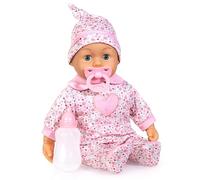 Bayer Design 93824CQ Muñeca, Habla 24 Sonidos de bebé, Cuerpo blandito, Ojos dormidos, con Chupete, biberón, 38 cm