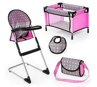Bayer Design 63266AB Accesorios para muñecas, Trona, Cama, Bolsa, Babero a Juego, Gris, Rosa