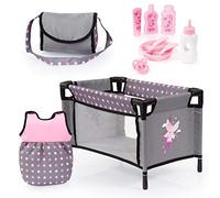 Bayer Design- Accesorios para muñecos bebé, 11 en 1, Kit Cuna de viaj, Saco de Dormir, Bolsa Bandolera y Productos de Cuidado, Color gris, rosa con hada (61766AB) , color/modelo surtido