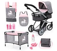 Bayer Design Cochecito de muñeca Combi Mega Set, convertible, regulable en altura, gris/rosa