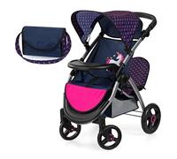 Bayer Design 39454AA Cochecito de muñeca gemelas, Carrito Doble para muñecos, Altura Regulable, Ruedas Delanteras móviles, Bolsa