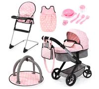 Bayer Design 17030AB Cochecito de muñeca XEO, Convertible, Regulable en Altura, Trona para muñeco bebé, Bolsa, Saco de Dormir, Gimnasio Actividades, Accesorios