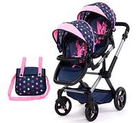Bayer Design Design-26716AA 26716AA Twin Xeo Cochecito gemelas, Carrito Doble para muñecos, Altura Regulable, Ruedas Delanteras móviles, Bolsa, Color Azul, Rosa, Estrellas, Large
