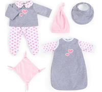 Bayer Design 84619AH Ropa de muñecas de 40 a 46cm, Accesorios para muñeca, Vestidos para muñecas, Saco de Dormir, pantalón, Top, Gorro, Babero, doudou