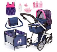 bayer Design Cochecito de muñecas Mega Set, azul con corazones y unicornio