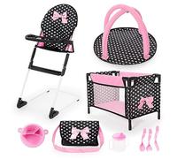 Bayer Design Cuna de viaje para muñecos 61760AB – Trona, bolsa y accesorios – Negro/Rosa
