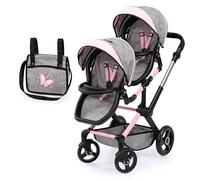 Bayer Design 26733AA Twin Xeo Cochecito de muñeca gemelas, Carrito Doble para muñecos, Altura Regulable, Ruedas Delanteras móviles, Bolsa