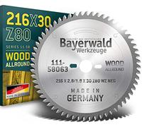 Bayerwald - Hoja de sierra circular HM para madera - Ø 216 mm x 2,8 mm x 30 mm | dientes alternantes negativos (80 dientes) | para sierras de ingle y corte transversal | agujeros laterales: 2/7/42