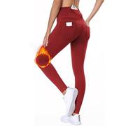 BAYGE Leggings Térmicos Mujer Invierno Forro Polar Cintura Alta Impermeables Opacos Slim Fit Jeggings Pantalones de Yoga Senderismo Deportivos Medias con Bolsillos, Rojo, XL