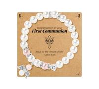 BAYLAY Regalos de primera comunión para niñas, pulsera de primera comunión para niñas, pulsera de perlas con inicial de alas de ángel, regalos de primera comunión para niñas, católicas, adolescentes