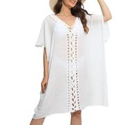 Baynetin Bikini Cover Up Mujer Sexy Vestido de Playa Traje de Baño Cubrir Ropa de Baño Suelto Vestido Cuello en V, Pareos y Camisola de Playa Hueco (Blanco)