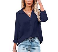 Baynetin Blusa y Camisas Mujer con Cuello en V Manga Larga/Corta y Botones Camisas, Estilo Casual y de Vestir Camisetas, Corte Suelto, Color Liso Blusas (Azul Marino, XXL)