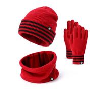 Baynetin Gorro Bufanda Guantes Set Caliente de Punto,Gorro de Punto con Puños y Forro Interior Cepillado Bufanda y Guantes Táctiles Set 3 en 1 para Mujere Deportes al Aire Libre (Rojo)