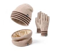 Baynetin Gorro Bufanda Guantes Set Caliente de Punto,Gorro de Punto con Puños y Forro Interior Cepillado Bufanda y Guantes Táctiles Set 3 en 1 para Mujere Deportes al Aire Libre (Caqui)