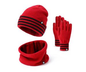 Baynetin Gorro Bufanda Guantes Set Caliente de Punto,Gorro de Punto con Puños y Forro Interior Cepillado Bufanda y Guantes Táctiles Set 3 en 1 para Mujere Deportes al Aire Libre (Rojo)