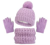 Baynetin Invierno Conjunto de Guantes de Bufanda de Gorro para Niños, Forro de Lana Niña Invierno Calentar Gorro Bufanda Sombrero Bufandas Guantes Tactiles Set para Niños Niñas 2-8 Años (Morado)