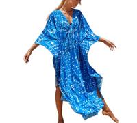 Baynetin Kaftan Vestido Largo de Playa, Bohemian Loungewear Kimono Floral Bohemio Traje de Baño Cover Ups Gran Tamaño (Azul)