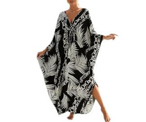 Baynetin Kaftan Vestido Largo de Playa, Bohemian Loungewear Kimono Floral Bohemio Traje de Baño Cover Ups Gran Tamaño (Hoja)