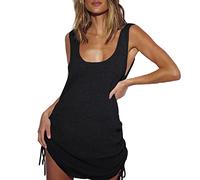 Baynetin Vestido de Playa, Mujere Bikini Cover Up,Traje de Baño de Playa, Verano Sexy Sin Respaldo Túnica de Punto de Hueco Sin Mangas de Baño Cover Ups con Cordón (Negro)