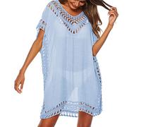 Baynetin Vestido de Playa para Mujer- Cuello en V, Manga Corta, Pareos y Camisola de Playa Sexy Hueco Traje de Baño Punto Bikini Cover up (Cielo Azul)