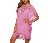 Baynetin Vestido de Playa para Mujer- Cuello en V, Manga Corta, Pareos y Camisola de Playa Sexy Hueco Traje de Baño Punto Bikini Cover up (Rosa)