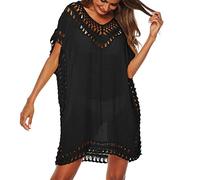 Baynetin Vestido de Playa para Mujer- Cuello en V, Manga Corta, Pareos y Camisola de Playa Sexy Hueco Traje de Baño Punto Bikini Cover up (Negro)