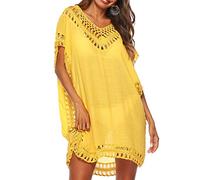 Baynetin Vestido de Playa para Mujer- Cuello en V, Manga Corta, Pareos y Camisola de Playa Sexy Hueco Traje de Baño Punto Bikini Cover up (Amarillo)