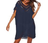 Baynetin Vestido de Playa para Mujer- Cuello en V, Manga Corta, Pareos y Camisola de Playa Sexy Hueco Traje de Baño Punto Bikini Cover up (Azul Marino)