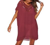 Baynetin Vestido de Playa para Mujer- Cuello en V, Manga Corta, Pareos y Camisola de Playa Sexy Hueco Traje de Baño Punto Bikini Cover up (Vino Rojo)
