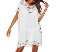 Baynetin Vestido de Playa para Mujer- Cuello en V, Manga Corta, Pareos y Camisola de Playa Sexy Hueco Traje de Baño Punto Bikini Cover up (Blanco)