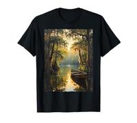 Bayou Pantano Ciprés Musgo Barca Atardecer Paisaje Camiseta