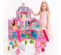 BAZADER Casa de Muñecas para Niñas, 3 Pisos, 8 Habitaciones, 191 Accesorios | Gran Casitas Castillo de Muñecas Juguete Princesas de Múltiples con Tobogán Mascotas Vehículos y Mobiliario para Niñas 3 Años