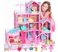 BAZADER Casa de Muñecas para Niñas, 4 Pisos 10 Habitaciones, 280 Accesorios | Gran Casitas Castillo de Muñecas Juguete Princesas de Múltiples con Tobogán Mascotas Vehículos y Mobiliario para Niñas 3 Años