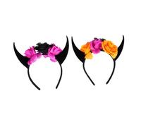 BAZEITFLOW 2 Piezas Diadema Cuernos Halloween con Flores y Calavera Accesorios para Pelo Mujer y Fiesta Pack Unidades Negro Púrpura y Púrpura Naranja para Cosplay y Disfraces